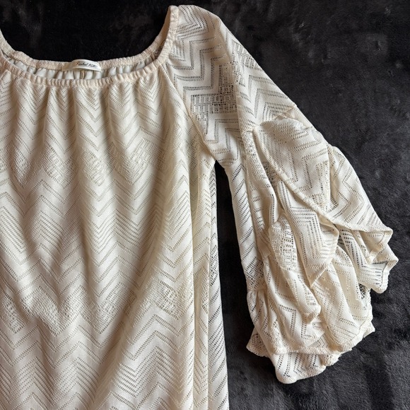 Rachel Kate Cream Chevron Lace Bell Sleeve Off The Shoulder Mini Dress L - Picture 5 of 7
